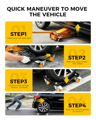 KYX Car Dolly Set of 4, 6000 LBS Wheel Dolly, Heavy Duty Vehicle Dollies, V-Shaped Structure with 360-Degree Ball-Bearing Casters & Double Brakes for Moving Cars, Motorcycle and SUVs