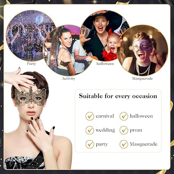 3 Pcs Masquerade Mask for Women Fun Lace Masks | Mascarade Headpiece, Disguise, For Costume Parties, Mardi Gras - color: Black, Gold, Silver
