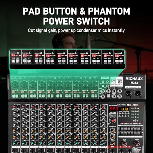 Audio Mixer 12 Channel Professional Sound Console Music Mixer with 320 DSP Effects, 7-band EQ DJ Mixing Board w/USB, Bluetooth, 48V Power Supply, PAD Button for Recording Karaoke PA Drum Live - size: 12 Channel - 17.4in