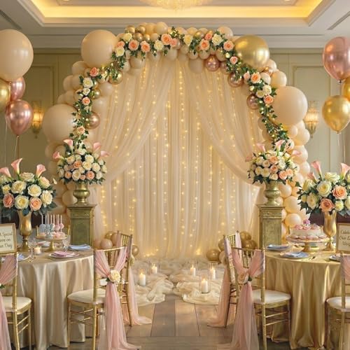 10 FT x 10 FT Champagne Backdrop Curtain - Tulle Backdrop Curtain with 9.8FT Lights String - Sheer Backdrop Curtains with 4 Inch Rod Pockets for Birthday Party Weddings Baby Shower Photo Booth Props - color: Champagne, size: 10ft×10ft