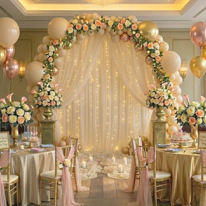10 FT x 10 FT Champagne Backdrop Curtain - Tulle Backdrop Curtain with 9.8FT Lights String - Sheer Backdrop Curtains with 4 Inch Rod Pockets for Birthday Party Weddings Baby Shower Photo Booth Props - color: Champagne, size: 10ft×10ft