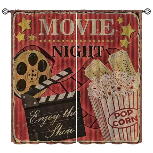Vintage Movie Theater Curtain Retro Red Cinema Popcorn Movie Night Film Print Blackout Blackout Window Treatments for Bedroom Living Room Home Decor Window Drapes 42" W X 45" L - color: Style-1, size: 21"W x 45"L (Pack of 2)