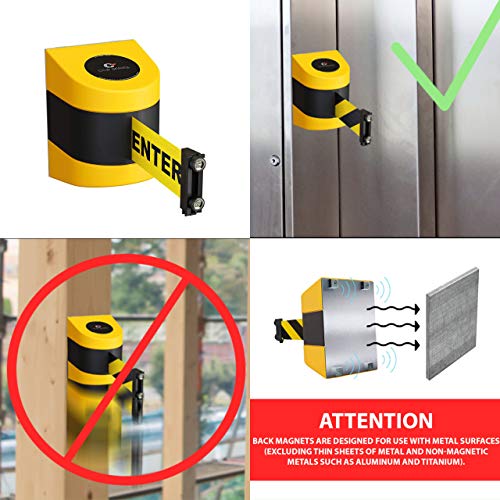 Crowd Control Warehouse Magnetic Wall Mount Retractable Belt Barrier, 30 Ft | Cleaning in Progress Yellow Belt with Black Letters, CCW Series WMB-230, Black ABS Case, Braking System for Slow Retraction - color: CLEANING IN PROGRESS, size: 30 foot belt