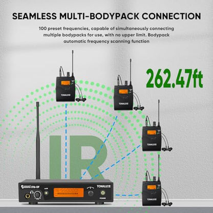 Wireless in Ear Monitor System, Mono IEM System with Metal Rackmount Transmitter, 4 Pack UHF Bodypack Receivers w/Earphones, 100 Adjustable Frequencies, 262ft Range for Singers Bands - size: 4 Bodypacks