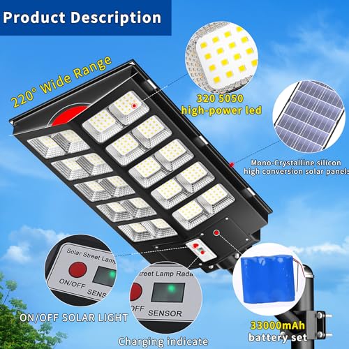 Ofuray Solar Street Lights Outdoor,Of-6000W Commercial Parking Lot Light | Solar Flood Light, LED Area Light with Motion Sensor, Dusk to Dawn, Remote Control for Security Lighting in Streets, Barns - size: XL