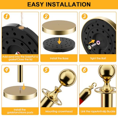 LOVMOR Stainless Steel Stanchion Post, 5 FT Red Carpet Ropes and Poles, 4 pcs Gold Stanchions with Red Rope, Hollow Base and Velvet Ropes Safety Barriers Set, Carpet Runner for Party - color: Gold-4pack