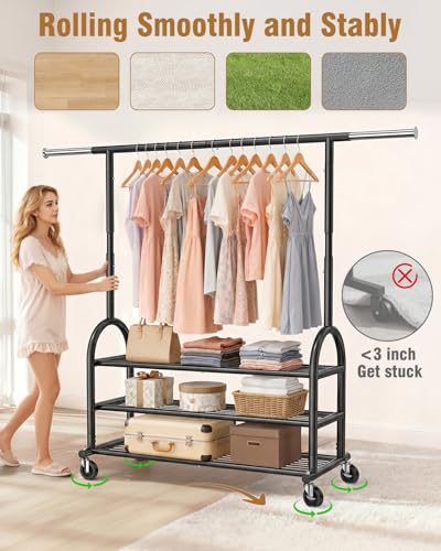 EAGMAK Rolling Clothes Rack Heavy Duty Clothing Racks with 3 Shelves, Black - color: Black, style: 3 Shelves