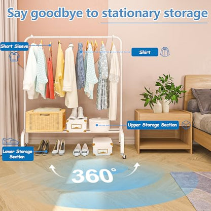 JIUYOTREE Metal Clothing Rack with Wheels, 43.3 Inches Rolling Clothes Garment Coat Rack with Bottom Shelf, Clothing Rack for Hanging Clothes, Coats, Skirts, Shirts, Sweaters, White - color: White, size: 43.3"W x 15.75"D x 61"H with wheels