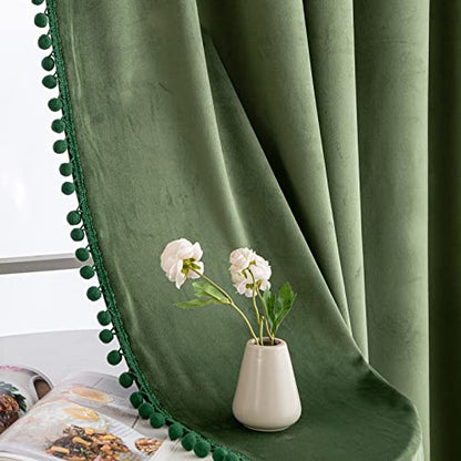 MIULEE Olive Green Pom Pom Velvet Blackout Curtains, W52 x L84, Set of 2 | Rod Pocket Curtains,Thermal Insulating,Blackout Curtains for Bedroom/Home Theater/Living Room Darkening - color: Olive Green, size: 52"W x 84"L (Pack of 2)