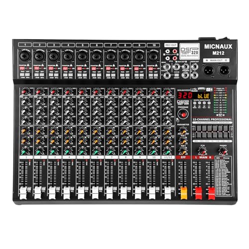 Audio Mixer 12 Channel Professional Sound Console Music Mixer with 320 DSP Effects, 7-band EQ DJ Mixing Board w/USB, Bluetooth, 48V Power Supply, PAD Button for Recording Karaoke PA Drum Live - size: 12 Channel - 17.4in