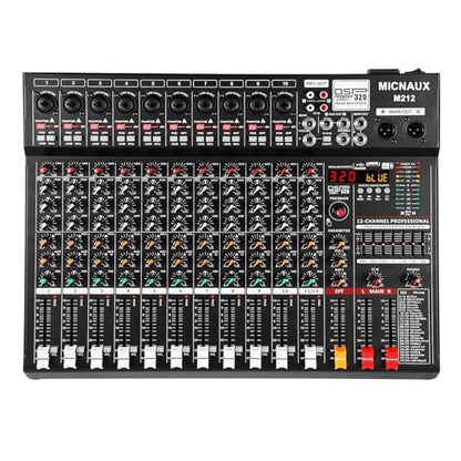 Audio Mixer 12 Channel Professional Sound Console Music Mixer with 320 DSP Effects, 7-band EQ DJ Mixing Board w/USB, Bluetooth, 48V Power Supply, PAD Button for Recording Karaoke PA Drum Live - size: 12 Channel - 17.4in