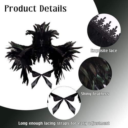 2Pcs Witch Feather Shawl Wrist Cuff for Women | Gothic Crow Shrug Shawl, for Halloween, Feather Costume Accessories - color: Black