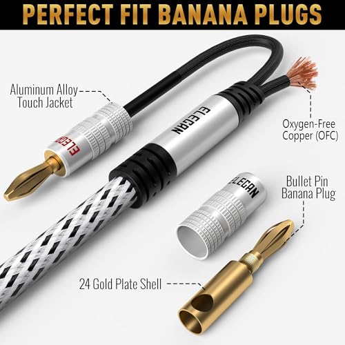 Elecan 14 AWG Speaker Cable Wire 12 Feet with Gold-Plated Banana Tip Plugs-CL2 Rated-in Wall-Heavy Duty Nylon Braided, Oxygen-Free Copper (OFC)-White-with 5 Cable Ties - size: 12FT