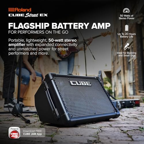 Roland Cube Street EX | Battery-Powered 50W Stereo Amplifier | Clear, Dynamic Sound | Ideal for Outdoor Performances | Supports Mics, Instruments & Audio Devices | COSM Tones for Electric Guitar | Dynamic Sound, Outdoor Performances, Supports Mics, Instru