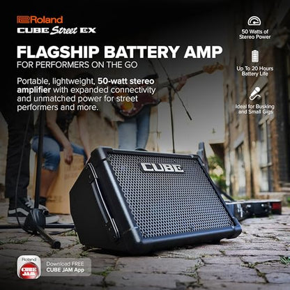 Roland Cube Street EX | Battery-Powered 50W Stereo Amplifier | Clear, Dynamic Sound | Ideal for Outdoor Performances | Supports Mics, Instruments & Audio Devices | COSM Tones for Electric Guitar | Dynamic Sound, Outdoor Performances, Supports Mics, Instru
