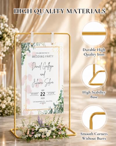 Wedding Sign Holder - Adjustable Welcome to Our Wedding Sign Stand Stand with 39 Premium Templates & Leather Straps, 64"x 30"x 20" Heavy Duty Easel Stand for Sign Display Poster, Wedding, Birthday - color: Gold