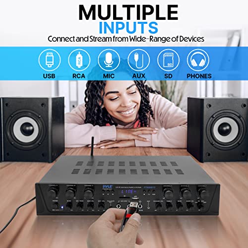 Pyle Home Audio Amplifier with Bluetooth - 6 Channel 600 Watt Peak Power, Karaoke with Echo, 2 Mic Input with Talkover, Headphone In, USB A MP3 Player with SD Reader - Home, Commercial, Worship - style: 6 Channel