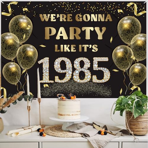 We’re Gonna Party Like It’s 1985 Birthday Banner Backdrop, Cheer to 41 Years Birthday Banner, 40th Birthday Party Supplies for Men Women Photography Decorations Black and Gold Glitter Favors - size: 1985