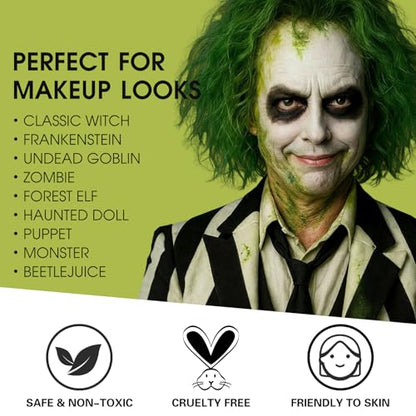 BOBISUKA Light Green & White Face Body Paint Stick Kit with Black Eyeshadow, Black Liquid Eyeliner, Setting Powder & 2 Sponges – Halloween Cosplay Makeup Set for Witch, Beetle Juice, Monster, Goblin - color: Light Green & White Painting Stick Set