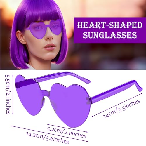 2 Pack Purple Bob Wig with Bangs Heart Sunglasses for Women, Neon Bobs Funny Party Wigs Synthetic for Adults Birthday Valentine's Day Bachelorette Mardi Gras Party Christmas Halloween Costume - color: Purple
