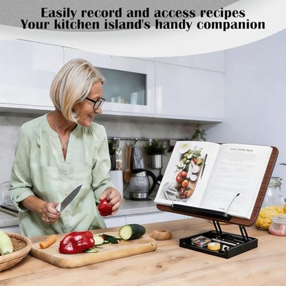 Wooden Book Stand for Reading with Storage Box Non-Slip Base | Adjustable Height & Angle, Foldable Desktop Riser with Page Clip, Hands Free, for Kitchen Counter, Cookbook, Recipe, Laptop