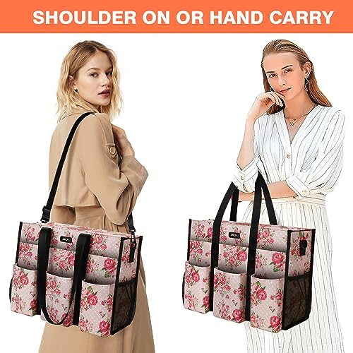 IBFUN Utility Tote Bag with 24 Pockets, Large Teacher Travel Tote for Women - color: C7-l-pink Flower, size: Large