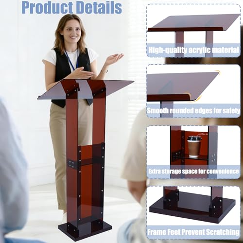 Acrylic Podium Stand 45.5" with Storage Shelf, Modern Amber Lectern Professional Presentation Podiums with Reading Platform for School, Classroom, Weddings, Conference, Concert, Events, Church - color: Amber