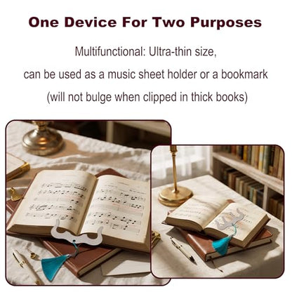 Metal Music Book Clip Set - Black Stainless Steel Music Stand Accessory,Hands Free Book Page Holder for Piano,Keyboard,Cookbooks,Book,with Velvet Carrying Bag (Silver) - color: Silver