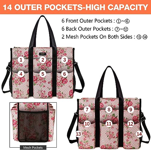 IBFUN Utility Tote Bag with 24 Pockets, Large Teacher Travel Tote for Women - color: C7-l-pink Flower, size: Large