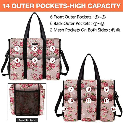 IBFUN Utility Tote Bag with 24 Pockets, Large Teacher Travel Tote for Women - color: C7-l-pink Flower, size: Large