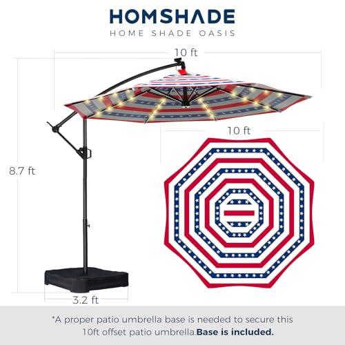 10 FT Solar LED Cantilever Patio Umbrella with Base, Stars and Stripes | Premium 220GSM Solution-Dyed Fabric, 5-Year Fade-Resistant, 30 MPH Windproof, 45° Infinite Tilt and Crank for Outdoor Pool - color: Stars and Stripes Style
