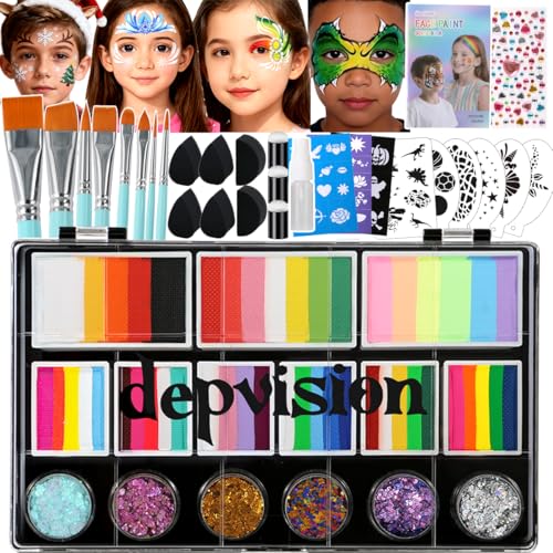 Professional Face Painting Kit for kids Split Cake Face Paint Palette with Glitter Gel One Stroke Non Toxic with Stencils, Pro Face Paint Brushes Sponges for Halloween, Christmas gift, Party