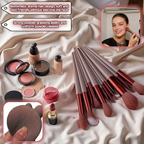 Makeup Brush Set, 13 Piece Professional Cosmetic Brushes with Pouch, Synthetic Bristles, Hypoallergenic for Face and Eye Application, Face & Eye Brush Set for Beginners to Pros (Brown) - color: Brown