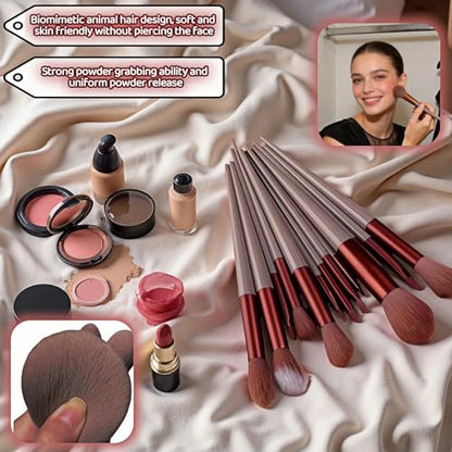 Makeup Brush Set, 13 Piece Professional Cosmetic Brushes with Pouch, Synthetic Bristles, Hypoallergenic for Face and Eye Application, Face & Eye Brush Set for Beginners to Pros (Brown) - color: Brown