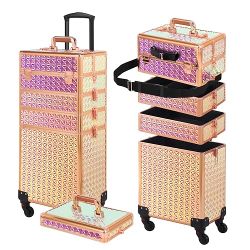 Somduy Rolling Makeup Case, Makeup Train Case with Lid, 5 in 1 Cosmetology Case on Wheels, Christmas Gift, Large Makeup Organizers, Profesional Cosmetic Case for Salon Barber, Bright Pink - color: Bright Pink