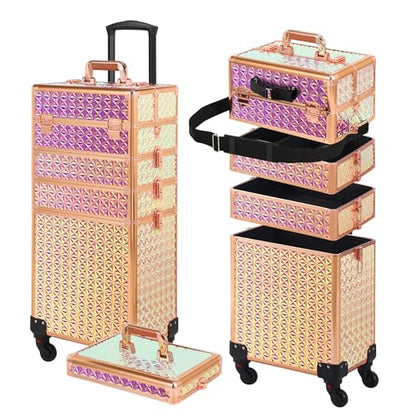 Somduy Rolling Makeup Case, Makeup Train Case with Lid, 5 in 1 Cosmetology Case on Wheels, Christmas Gift, Large Makeup Organizers, Profesional Cosmetic Case for Salon Barber, Bright Pink - color: Bright Pink