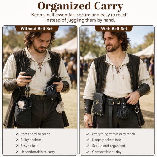 Renaissance Belt Pouch Set, Medieval Viking Pirate Leather Bag, Steampunk Waist Bag Skirt Hike Set, Halloween Cosplay Costume Accessories for Men Women (Black) - color: Black