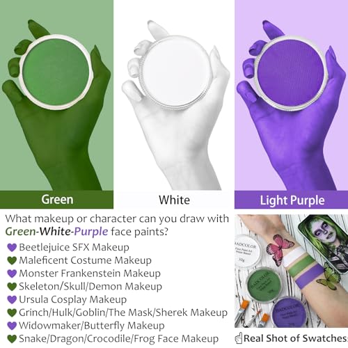 White Green Purple Face Body Paint, Face Painting Kit with Brushes for Beetlejuice & Frankenstein Halloween Makeup, Facepaints for Witch Ursula Maleficent Costume Cosplay & Monster Skeleton SFX Makeup - color: White+Light Green+Light Purple+3Pcs Brushes
