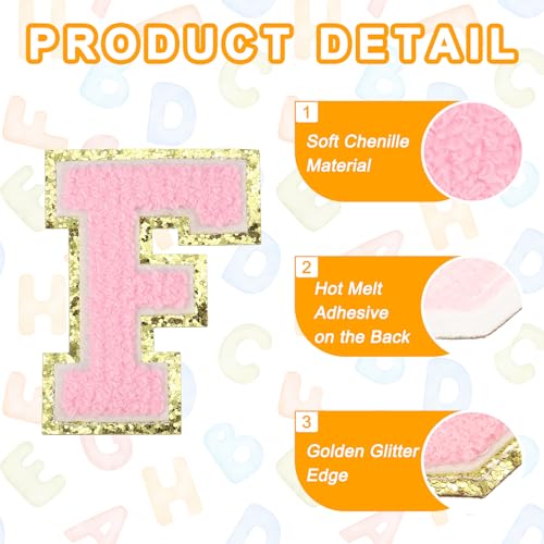 MECCANIXITY Chenille Letter Patches 3.1" Alphabet F Iron on Embroidered Patch Sew on Letter Stickers Applique for Repairing Clothing Jeans Shoes Hats DIY(Pink, Pack of 6) - style: Letter-F