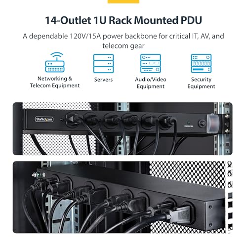 StarTech 14-Outlet 1U PDU, 6 Front 8 Rear, Surge, TAA (1415B8H-RACK-PDU-SP) - style: 14-port|15A|Surge Protect