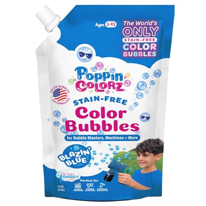 PoppinColorz Blazin' Blue Stain-Free Color Bubbles Refill, 14 oz Non Toxic Bubbles & Bubble Solution for Bubble Machines, Blasters & Guns, Kids Parties, Baby Showers & Boy Gender Reveals, Ages 3+ - color: Blue