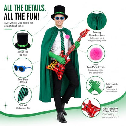 7 Pcs Green Costume Accessories Set Classic Cartoon Inspired Cape Top Hat Gloves Stripe Tie Sunglasses Inflatable Bass Halloween Cosplay Book Day Party Outfit Adults