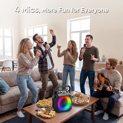 Karaoke Machine with 4 Wireless Microphones for Adults and Kids | Bluetooth Speaker, 5 Light Modes, PA System, TWS Stereo Pairing, USB/TF/REC/FM/AUX, 6-8H Playtime for Home Party and Outdoor - size: 4 Mics