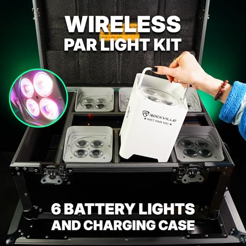 Rockville Wet PAR WC Package White 18W RGBWA+UV Par Wash Lights, Charging Case, IP65 Water-Resistant, App-Controlled, for DJ Events and Venues (6 Lights) | IP65 Waterproof, RGBWA+UV, Wireless DMX, App Control, 10-12 Hour Battery, 6 IR Remotes, Truss Clamp