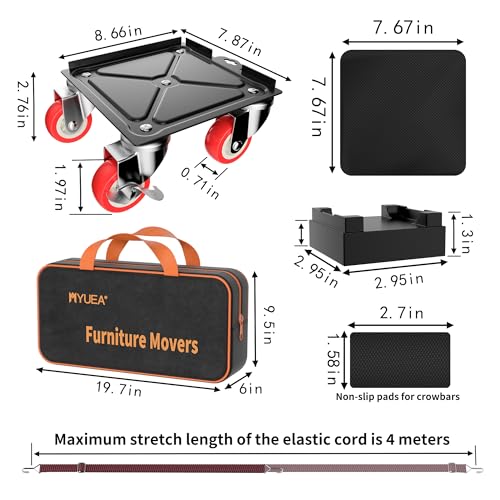 MYUEA Furniture Dolly,Furniture Movers with 5 Wheels,Carbon Steel Panel Heavy Duty Dolly,Maximum Load 3747 LBS,Furniture Lifter with 5 360° Rotatable Rubber Universal Wheels(Black,8.26x7.87 in) - color: Black, size: 8.26x7.87 IN