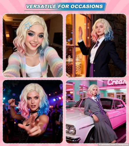 Pink Blue Ombre Blonde Bob Wig, Short Wavy Cosplay Wig for Women | Shoulder-length synthetic wig with pink blue highlights for Halloween cosplay, costume parties, anime events, and dress-up - color: Pink Blue