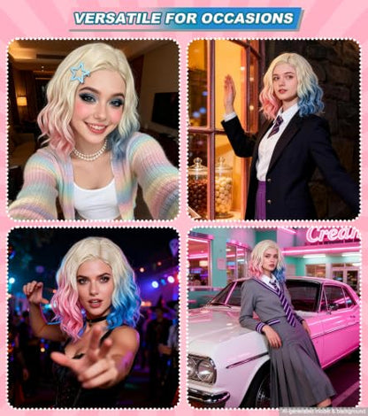 Pink Blue Ombre Blonde Bob Wig, Short Wavy Cosplay Wig for Women | Shoulder-length synthetic wig with pink blue highlights for Halloween cosplay, costume parties, anime events, and dress-up - color: Pink Blue