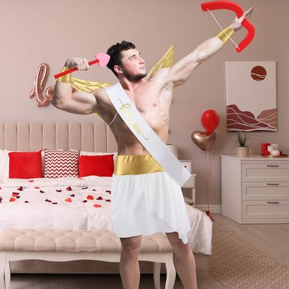 Cozypower 7 Pcs Halloween Cupid Costume Adult Wings Arrow Sash | Include Wings Arrow Bow Wrist Cuffs Body Sash Kilt for Halloween Dress Up - color: Gold, size: Large