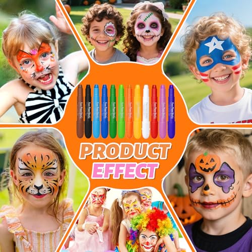 Drawdart Face Painting Kit for Kids, 12Pcs XL Face and Body Paint Crayons| 12 Vibrant Colors Safe and Washable Face Paint Sticks for Adults Kids Party, Halloween Makeup, School Event, Cosplay