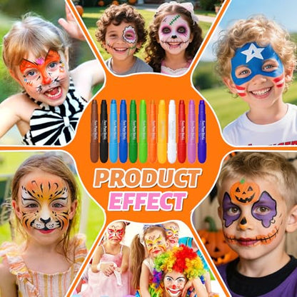 Drawdart Face Painting Kit for Kids, 12Pcs XL Face and Body Paint Crayons| 12 Vibrant Colors Safe and Washable Face Paint Sticks for Adults Kids Party, Halloween Makeup, School Event, Cosplay
